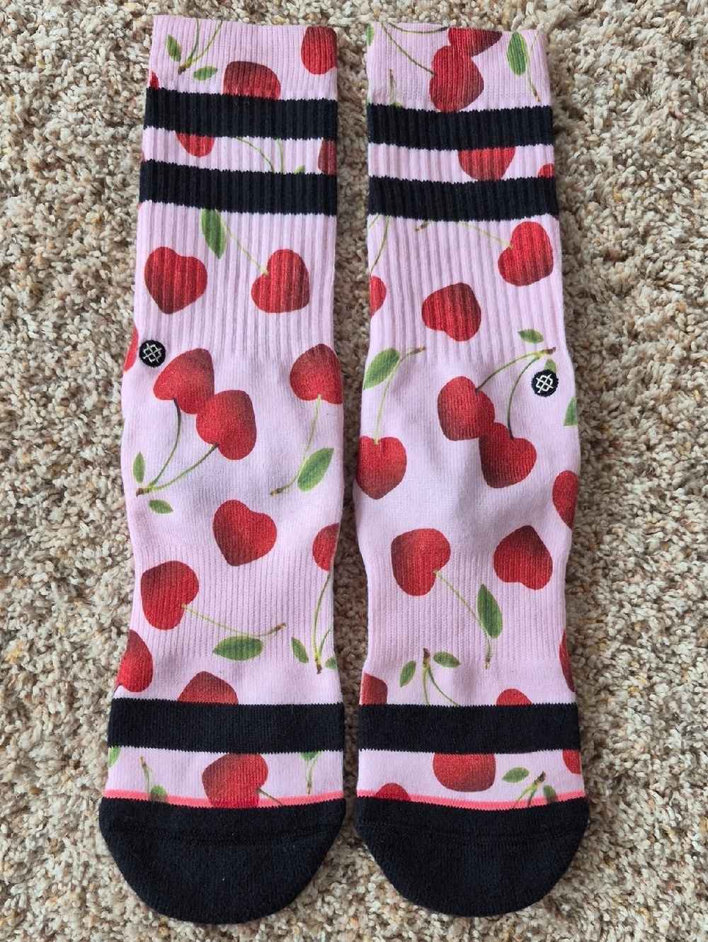 Stance Pink Cherry Print Crew Socks with Black Accents, Women's Medium